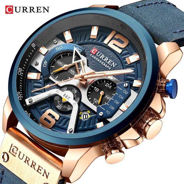 Relojes deportivos informales CURREN para hombre, reloj de pulsera de cuero militar de lujo de marca superior, reloj de pulsera cronógrafo de moda para hombre 8329