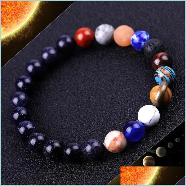 Universo in rilievo Sistema solare Sole Satellite Bracciale Lava Rock Occhio di tigre Turchese Pietra naturale Perline Braccialetti per donna Uomo Fashio Dhiu9