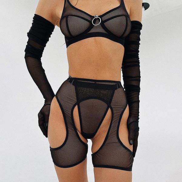 Erotische ouvert offene sexy Dessous BH-Sets für Frauen Strumpfgürtel 3-teilige zarte Unterwäsche nahtlose exotische Outfits