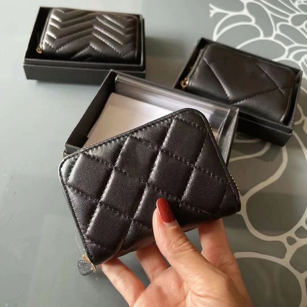 Erkek Bayan Tasarımcı Siyah Kuzu Dinek Cüzdan Kart Tutucu Madeni Para Mini Fermuar Çantası Çoklu Pochette Cüzdan Laides Kızlar Açık Mekan Debriyajı 9x5cm