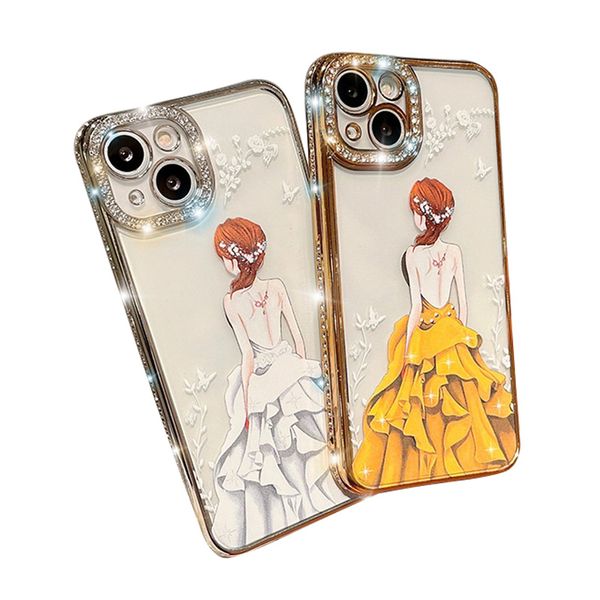 Custodie per cellulari con strass Abito da principessa Cover posteriore Luxury Apple Phone Design premium Custodia morbida in TPU con protezione tempestata di diamanti per Iphone 14 13 Pro max plus 12 11