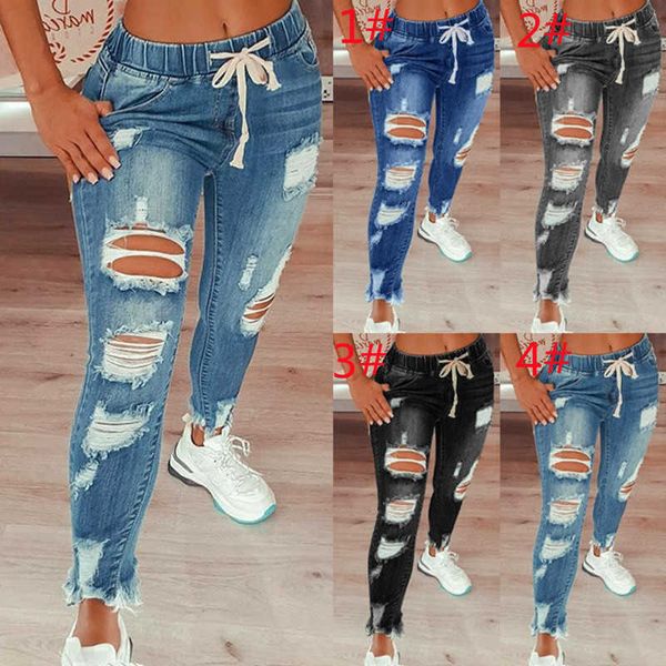 Designer sexy mulheres buraco jeans perfurado borla fenda denim lápis calças casuais retas senhoras moda lazer calças tendências atacado marca