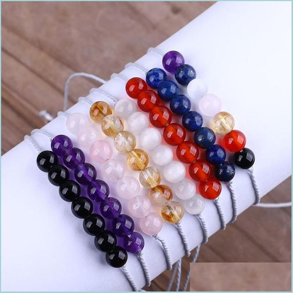 Bracciale con perline in pietra naturale con perline Donna Yoga Sette chakra Citrino Ametista Braccialetti con pietre preziose regolabili intessuti Gioielli di moda Gif Dhq4Q