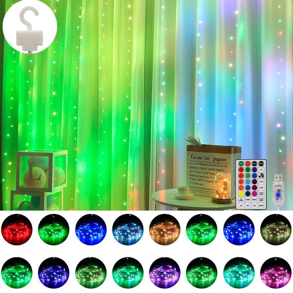 Decorações de Natal RGB 16 Cortina de cor de cores Decoração de controle remoto para o quarto Fairy Holiday Garland Navidad Decor 221122