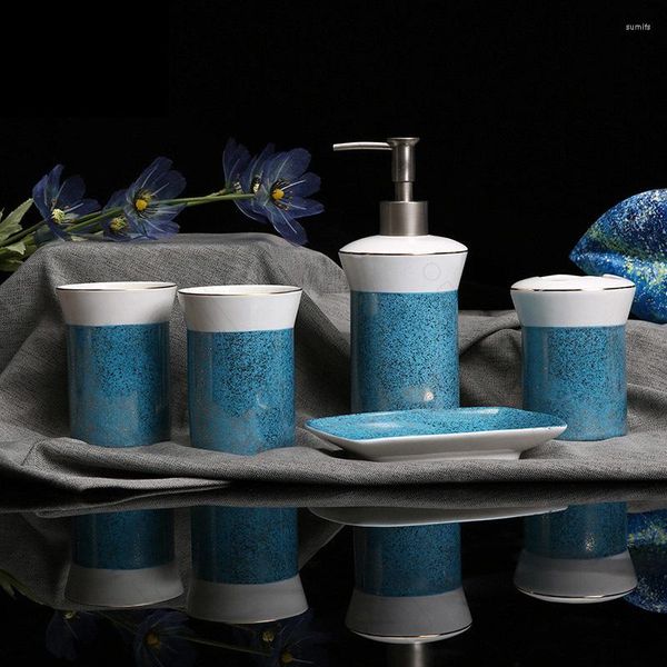 Badzubehörset Kreativität Wave Point Dekoratives Badezimmerzubehör Keramik Moderne Kontur in Goldblau Fünfteilige Dusche