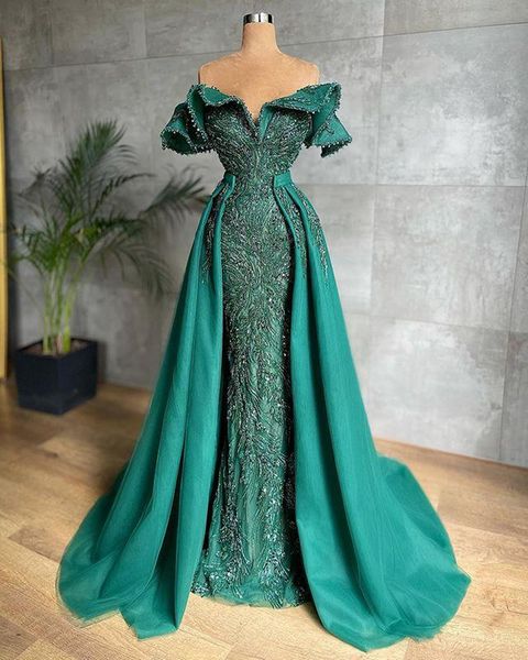 Grünes Meerjungfrau-Abendkleid, Spitze, Perlenstickerei, sexy, schulterfreies Abendkleid, formelles Luxus-Partykleid mit abnehmbarem Zug