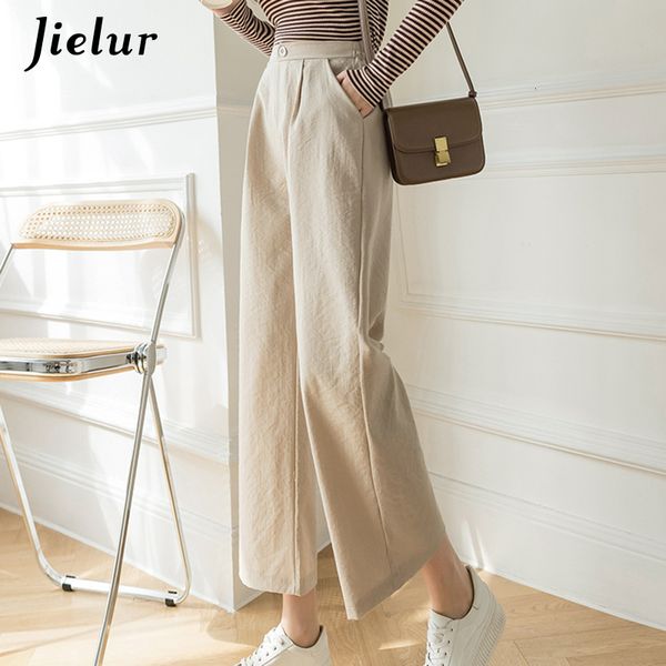 Damenhosen Capris Jielur Mode Breites Bein Frauen Baumwolle Leinen Hohe Taille Einfarbig Taschen Schwarz Khaki Hosen S-XXL Frühling 221122