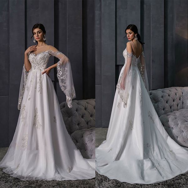 Lussuosi abiti da sposa a-line Design a maniche lunghe unico Paillettes Fiore Richiedente Stain Zipper Backless Court Gown Custom Made Plus Size Vestidos De Novia