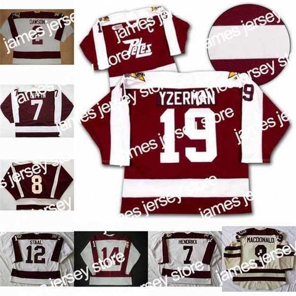 O h￳quei da faculdade usa Nik1 Peterborough Petes 2 Aaron Dawson 19 Steve Yzerman 9 MacDonald 7 Hendrikx 14 John Druce 12 Staal 8 Tie Domi 7 Rob Giffin Hockey Jersey