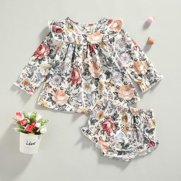 Set di abbigliamento Autunno 2 pezzi Neonate Casual Borns Infant Retro Floral Print Pattern Pullover a maniche lunghe Bloomers Outfit