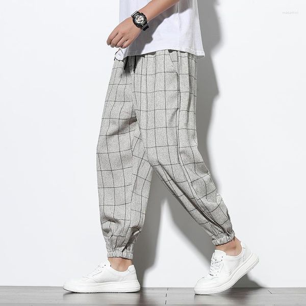 Pantaloni da uomo 2022Pronto StockMale Plaid Cotton Linen Men Loose Harem Mens Autunno Vintage Pantaloni casual Abbigliamento Streetwear