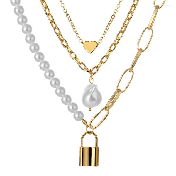 Girocollo 1pc Collana a catena dorata multistrato Collane da donna Maglione collane in metallo con perle e ciondoli con lucchetto Regalo di gioielli per feste