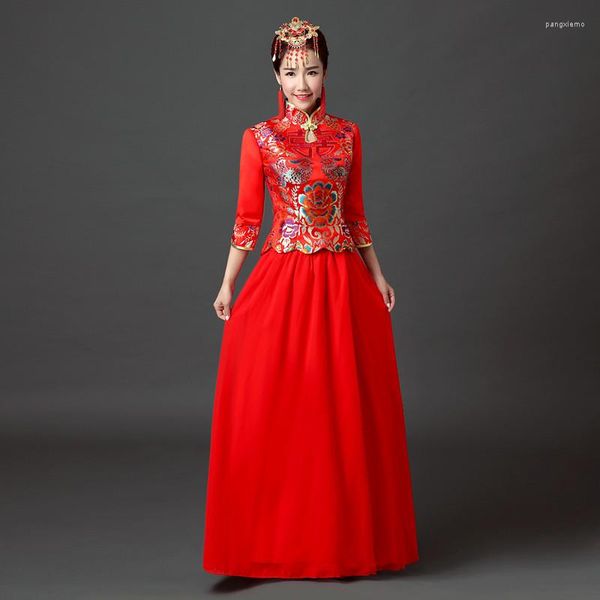 Этническая одежда изысканная ручная кнопка ручной работы красные женщины Cheongsam Классическая китайская подружка невесты Свадьба Qipao Vestidos Vintage Asia Ladies