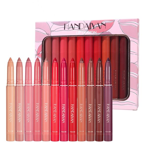 Handaiyan Matte Lip Crayon, 12 Lippenstift-Stifte-Set, Rotieren und Schneiden, wasserfest, langlebig, antihaftbeschichtet, leicht zu tragende Make-up-Lippen-Liner-Sets mit doppeltem Verwendungszweck