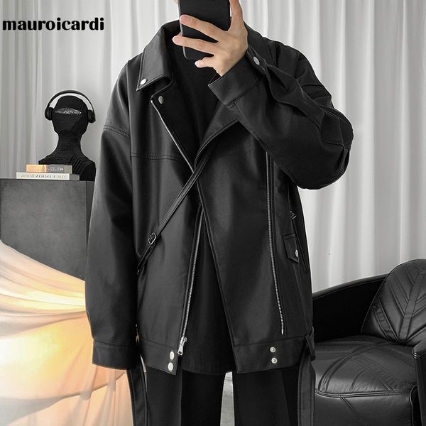 Erkekler deri sahte mauroicardi bahar siyah büyük boy bisikletçi ceketi rahat gevşek Kore moda deri ceketleri marka 221122