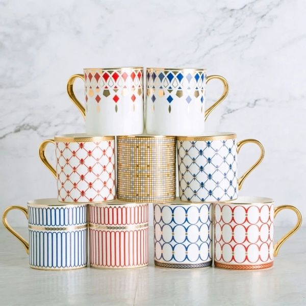 Canecas 350ml British Style Luxury Gold Stripes Bone China Casal Caneca Tarde Tarde Tapa Drink Copo Com Caixa de Presente 221122