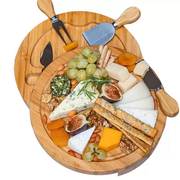 Ferramentas de cozinha de bambu Placa de queijo e faca definida em placas de charcutação redonda Goldes de férias de carne de férias de férias Wly935