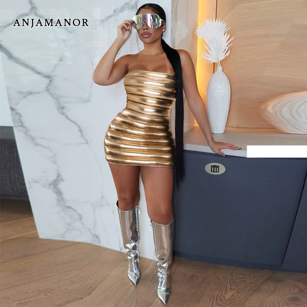 Sıradan elbiseler anjamanor tüpü üst sırtsız vücutlar kadınlar için seksi kulüp kıyafetleri metalik altın gümüş askısız mini elbise d48 dc36 221121