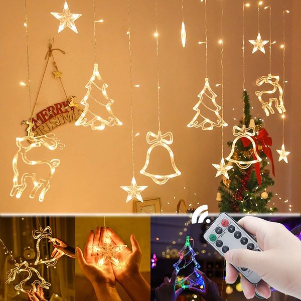 Decorações de Natal 3,2m luzes LEDs estrela veados sinos árvores Garland fada cortina de corda Luz para festas de festas decoração de férias de casamento 221122