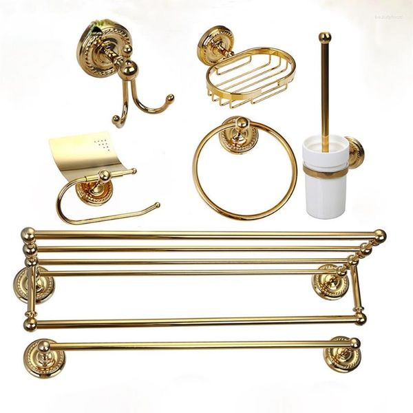 Set di accessori per il bagno Accessori per il bagno placcati in oro Porta carta igienica Porta scopino Cestino portasapone Porta accappatoio Asciugacapelli