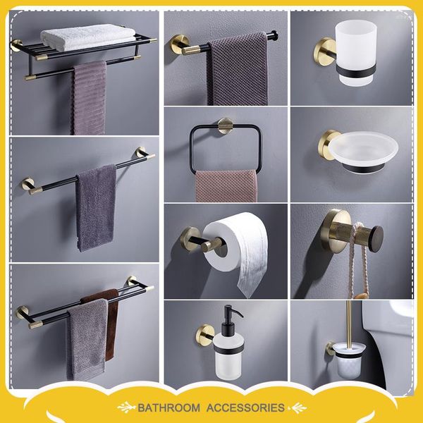 Set di accessori da bagno Spazzolato Oro Nero Accessori hardware per il bagno Appendiabiti Appendiabiti Portasciugamani Portasapone Portaspazzolino