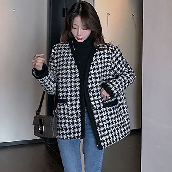 Damenjacken, koreanischer Stil, lockere Tweed-Jacke, schicke Mischung aus Wolle, Hahnentritt-Mantel, Damen, Frühling, einreihig, mit Taschen, 221122