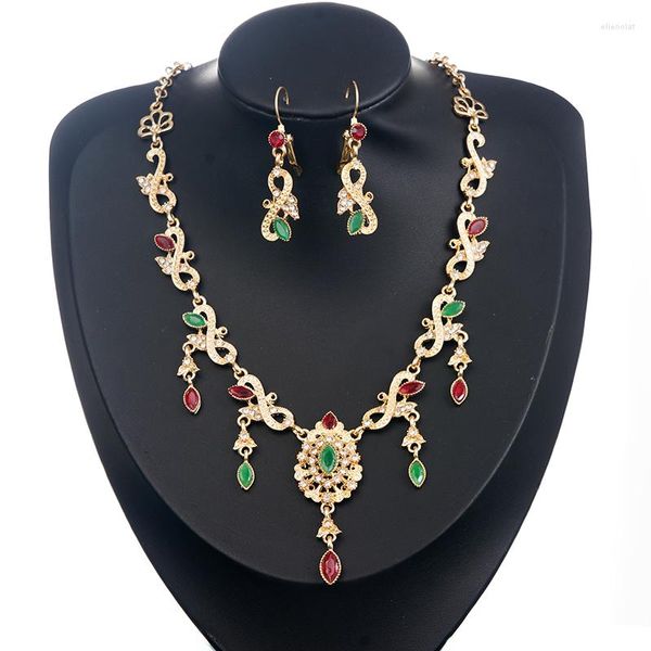 Correntes Marrocos Chic Green Red Red Strass Colar para mulheres Gold Chain Drop Jewelry Conjunto de jóias de jóias