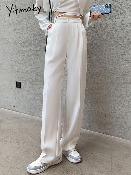 Pantaloni da donna Capris Yitimoky Bianco per donna Office Lady Vita alta Abiti da lavoro Moda coreana Pantaloni a righe laterali neri a figura intera 221122