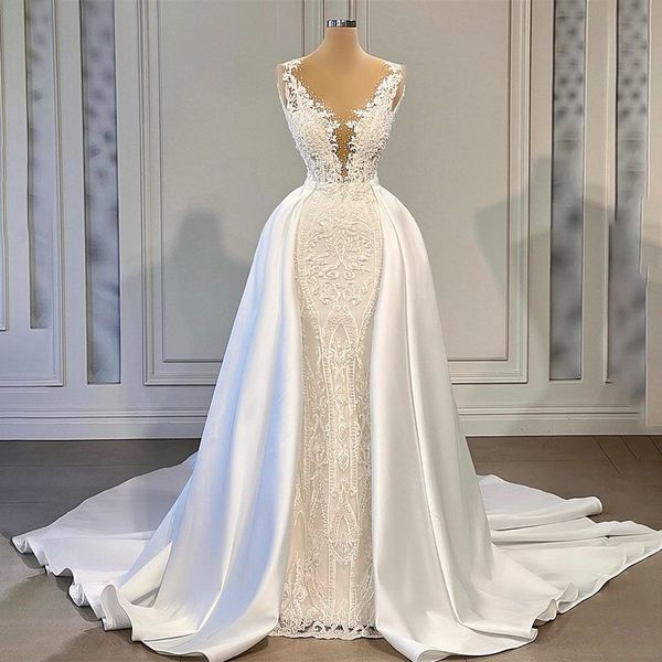 Robes de mariée princesse de luxe sirène avec train détachable dentelle florale pure cou appliques robe de mariée vestidos de novia