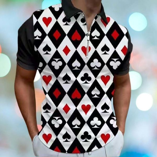 Polos masculinos verão respirável camisa de pólo masculino impressão de poker casual masculino Moda Moda Zipper Decoração de mangas curtas Top Top 221122