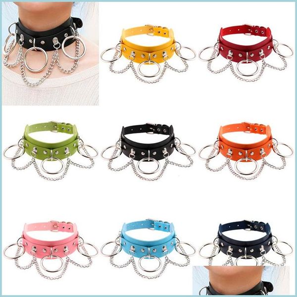 Chokers Candy Farbe PU Leder Kragen Choker Einstellbare Exotische Nachtclub Oring Kette Halskette Hals Ring Für Frauen Mode Schmuck Dr DHEM3