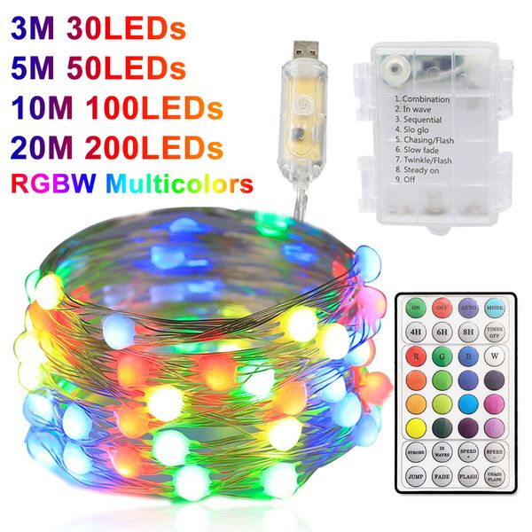 Decoração de Christma RGB LED LEVA LIGHT LUZ RGBW Decoração de árvores de cordas de fada 3-20M Controle remoto USB 221122