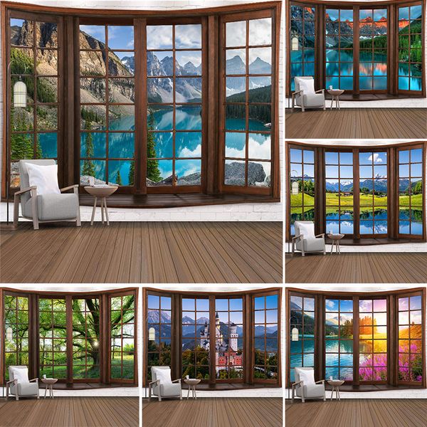 Wandteppiche, nordische Landschaft, Wandteppich, Fensterlandschaft, 3D-Druck, Boho-Raumdekoration, ästhetischer Hintergrund, Wandbehang, Polyester-Tischdecke 221122