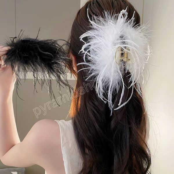 Moda fermaglio per capelli in piuma di struzzo forcine per artiglio per capelli bianco nero per accessori per capelli copricapo da donna