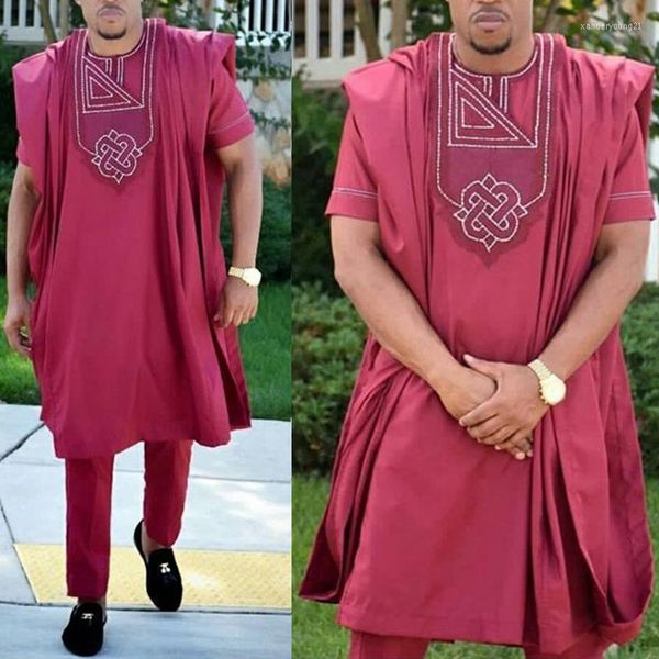 Ethnische Kleidung HD Afrikanische Männer 3-teiliges Set Herren Dashiki Robe Hemd Hosenanzug Kurzarm T-Shirt Hochzeitsfeier Kleidung Formelles Outfit