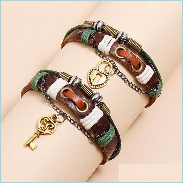 Charm-Armbänder Gold Herz Schlüsselschloss Bettelarmband Schnur Einstellbar Mti Layer Wrap Leder Paar Armbänder Armband Armreif Manschette W Dhgos