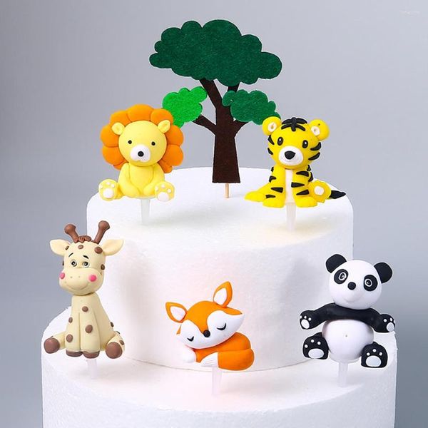 Forniture festive Cartoon Jungle Safari Animals Cake Topper Carino ceramica morbida Foresta Giraffa Leone Cupcake Decor Bomboniera per il primo compleanno