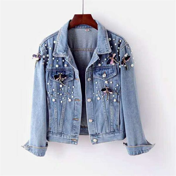 Jackets femininos Autumn jeawing Women Women Women Beading Ourcoat Jeans Basic Coats Streetwear Longa Longa Casual Casual P688 221122