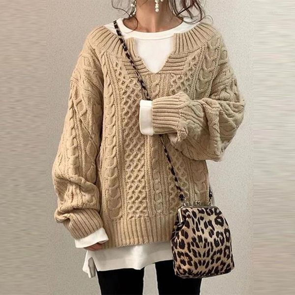 Suéteres femininos outono design sólido vazado malha jumper feminino primavera elegante decote em V retalhos rendas senhoras