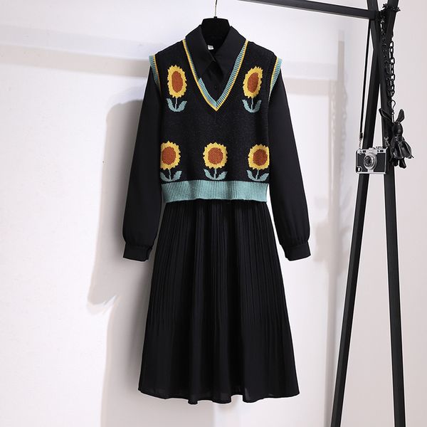 Zweiteiliges Kleid Herbst Frühling Korea Stil Anzug Langarm Plissee Chiffon AndFloral Print Pullover Weste Top Set Weibliche Kleidung 221122