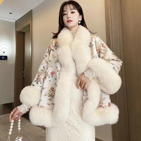 Pele feminina falso inverno estilo chinês xale dragão seda phoenix imagem manto pérola botão casaco quente plus size 221122