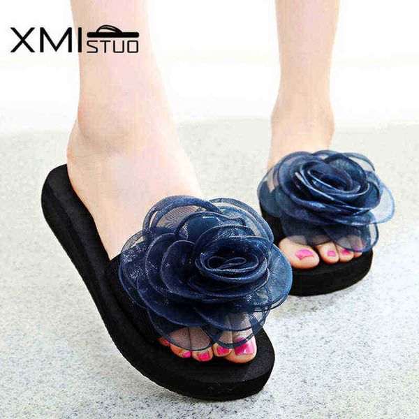 Xmistuo Sommer Schönheit Studenten Damen Sandstrand Flops Stretch Stoff Spitze Mit Chiffon Blumen Hausschuhe Frauen Seide Sandalen J220716