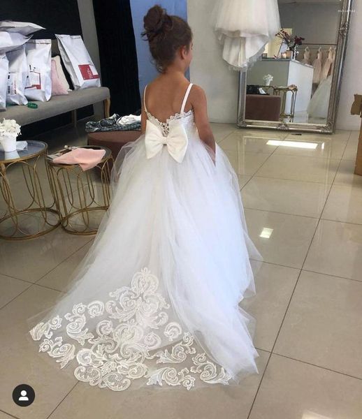 Abiti da ragazza Fiore per matrimonio Impero Vita Manica corta Tulle Girocollo Champagne Cintura in pizzo Abiti da prima comunione per bambini