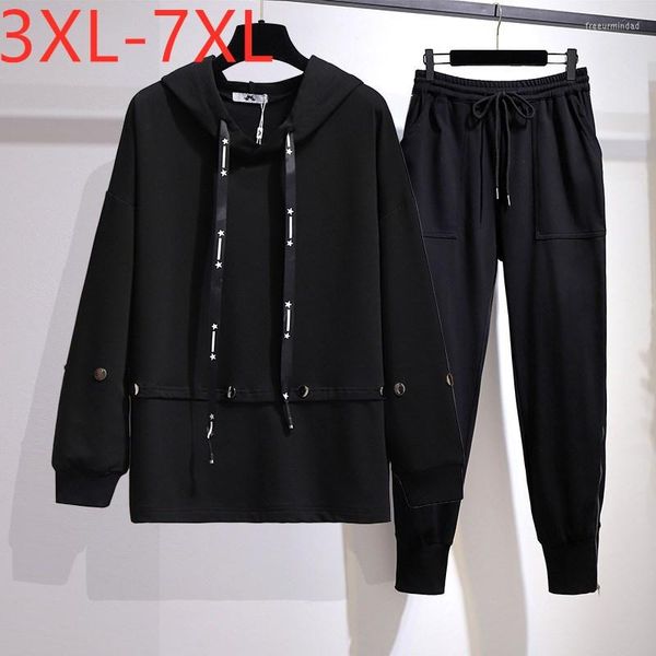 TRACKSUITS Ladies Autumn Winter Plus Size Women Clothing Sports Sports grandes algodão capuz preto e calças Treinamento de treinamento 4xl 5xl 6xl 7xl