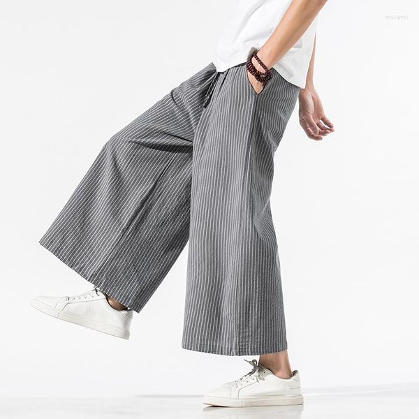 Pantaloni da uomo Stock prontoStreetwear Pantaloni da uomo in lino di cotone a righe bianche nere da uomo alla moda