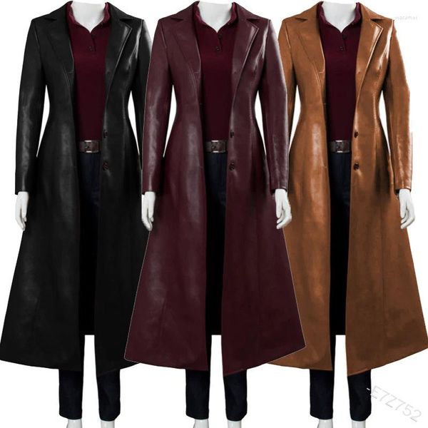 Trench coat da donna in pelle moda donna solido sottile sottile taglie forti lungo per le donne