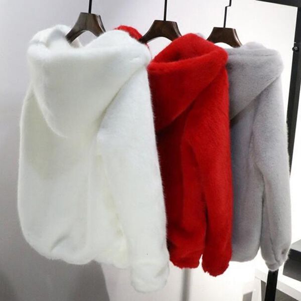 Womens Fur Faux Rabbit imitazione pelliccia inverno erba visone finto cappotto signore artificiale con cappuccio morbido plus size giacca da donna rosso 4XL 5xl 221122