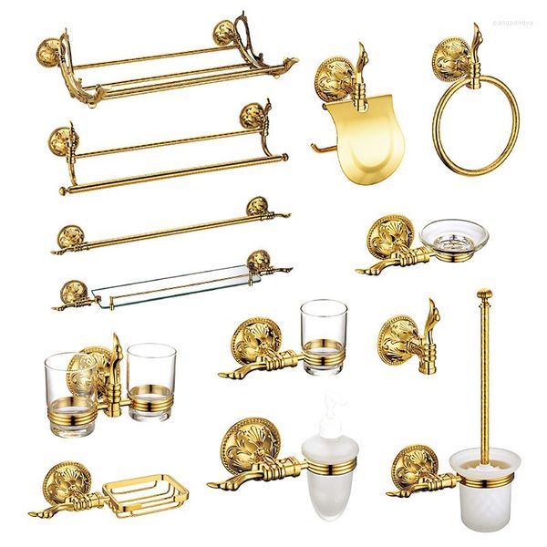 Badzubehör-Set, luxuriöses Gold-Badezimmer-Zubehör, antike Regale, Handtuchhalter, Toilettenpapierhalter, Tasse, Seifenhalter, Bürste