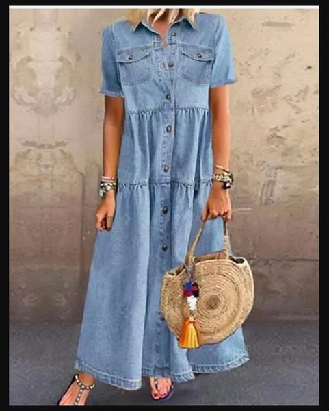 Nuove donne Summer Autunno in denim abiti lunghi bottoni retr￲ tasche jeans maxi abito donna casual per ragazze