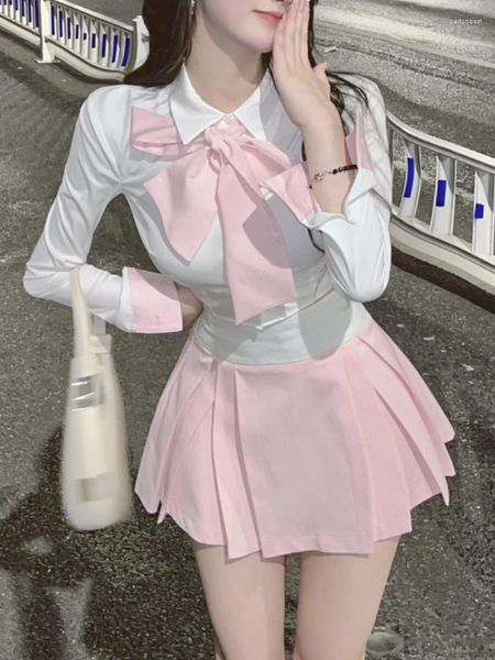 Abiti da lavoro Autunno Kawaii Set di gonne a due pezzi Donna Moda coreana Camicia con fiocco Mini gonne Casual femminile Festa sexy giapponese Dolce 2022
